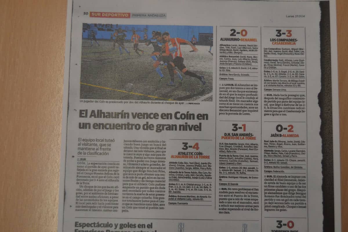 El diario SUR recoge la victoria del 1ª Andaluza en Coín