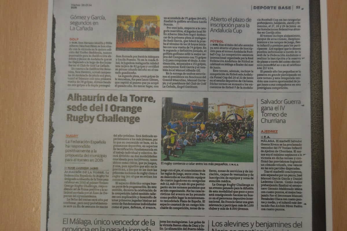 El diario SUR recoge la Orange Rugby Challenge de Alhaurín de la Torre