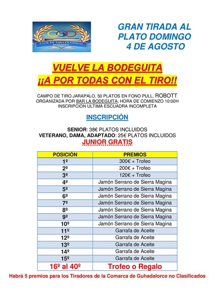 300€ para el ganador de la gran tirada al plato del domingo que se celebrará en el Club de Tiro Olímpico Jarapalo