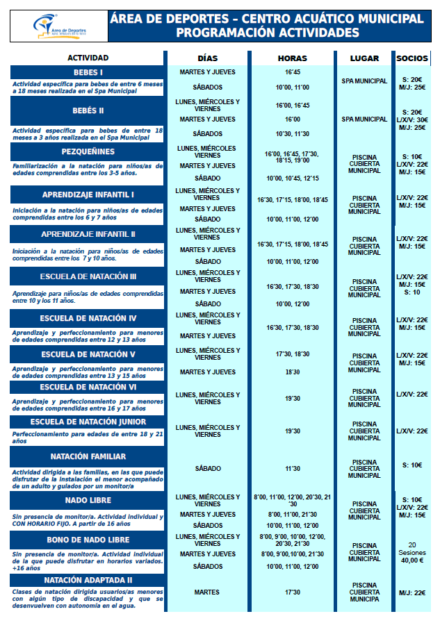 Programación completa de las actividades del centro acuático del Limón